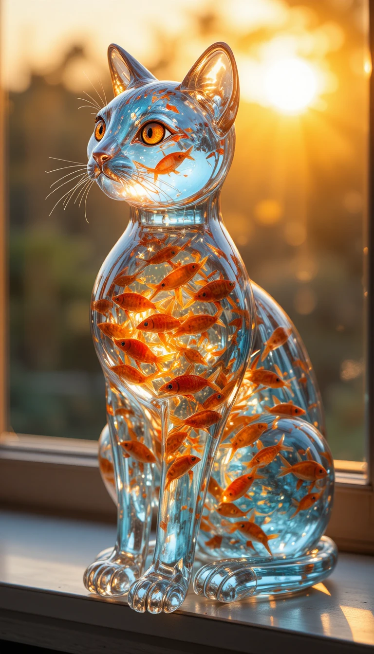 Escultura de gato de vidro cheia de peixes tropicais coloridos