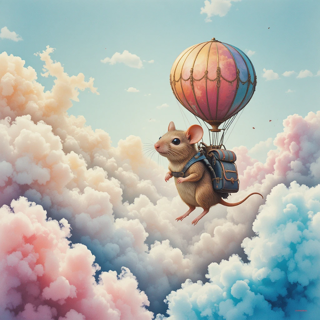 Ratonzinho flutuando com mochila-balão em nuvens de sonho