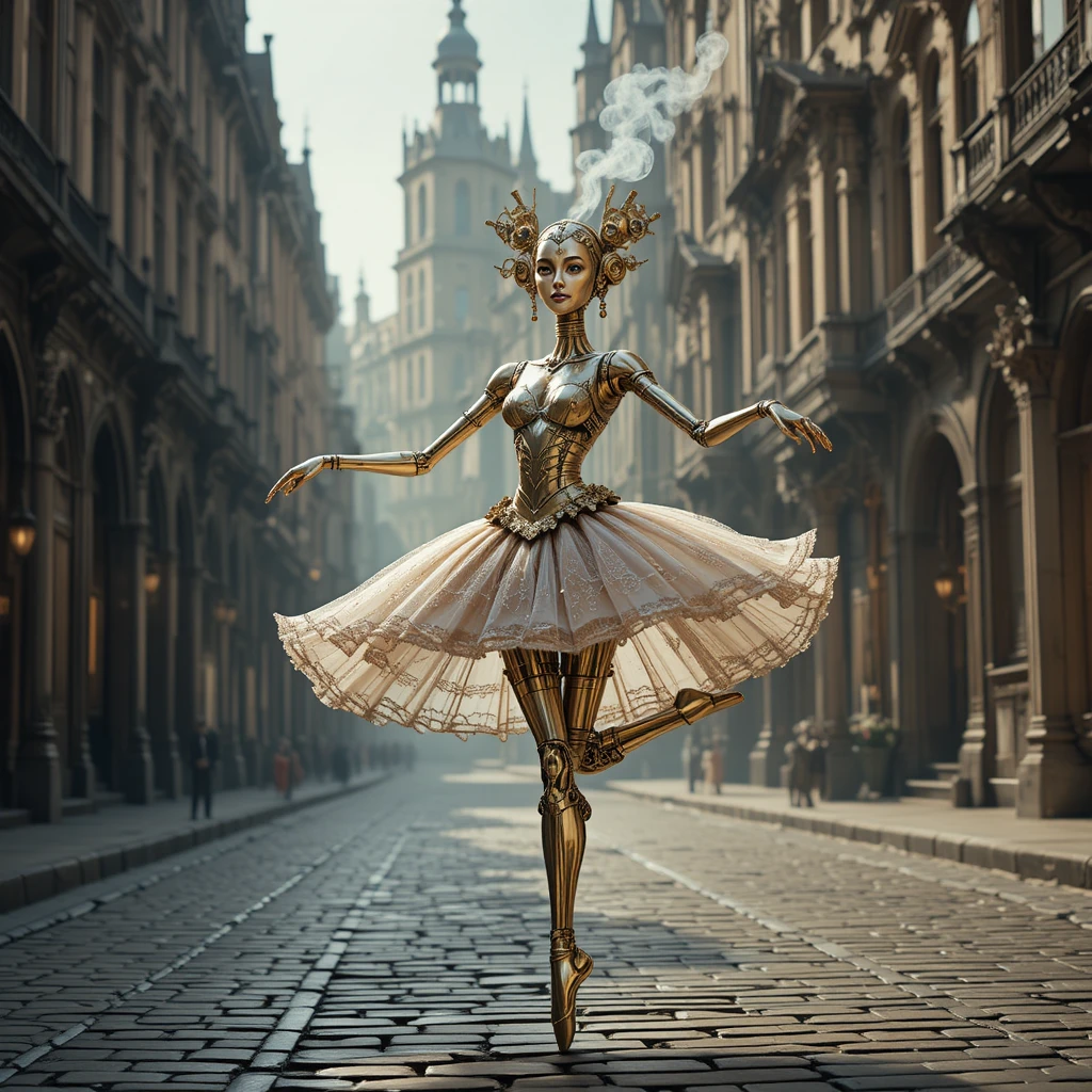 Uhrwerk-Ballerina-Roboter tanzt in einer viktorianischen Straße