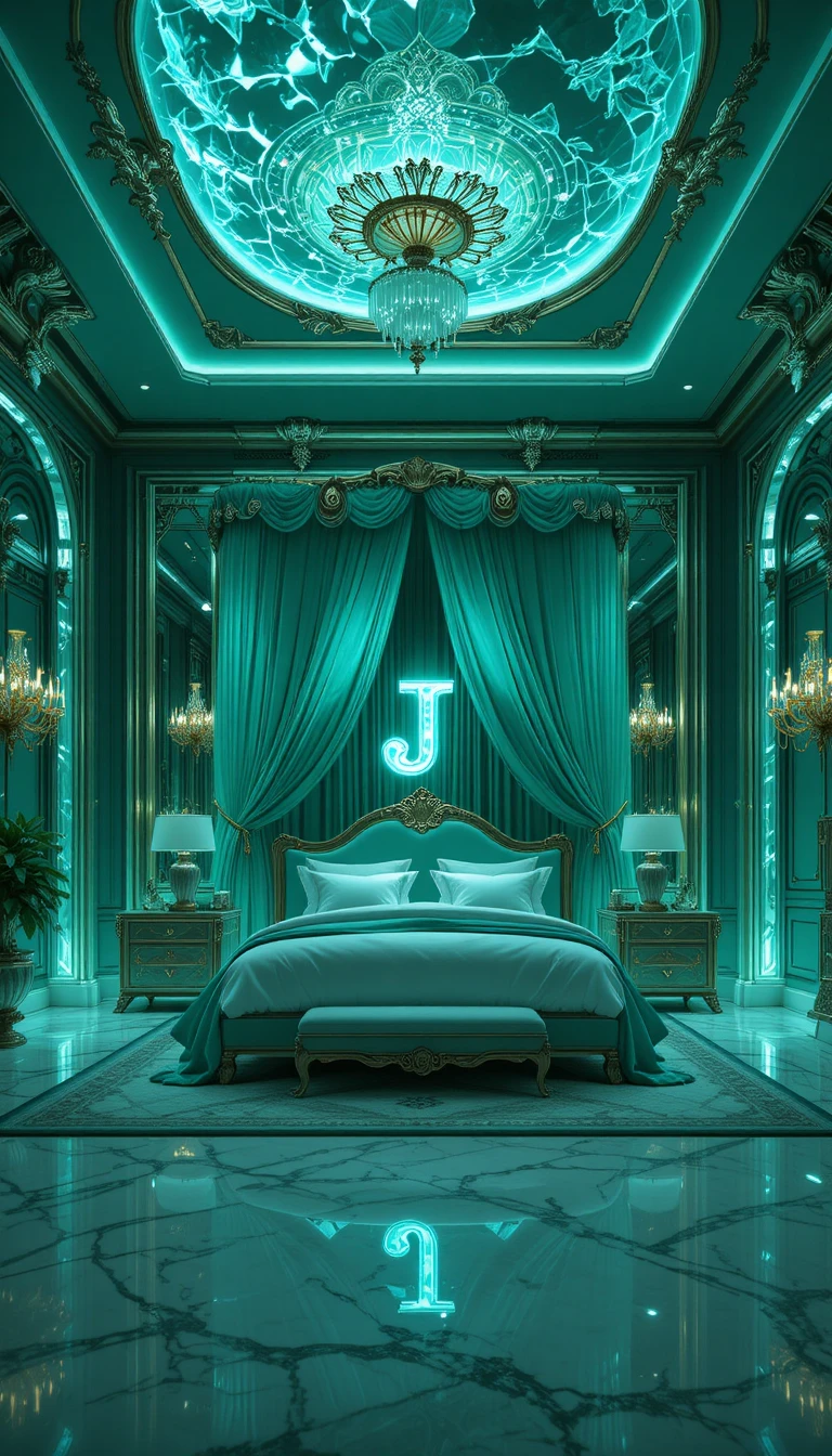 Lussuosa camera da letto in cristallo verde giada con accenti al neon luminosi