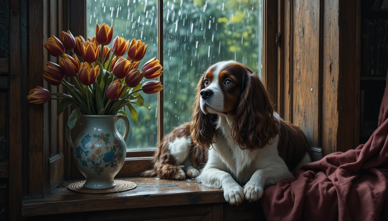 Spaniel vintage descansando na janela chuvosa do chalé com tulipas