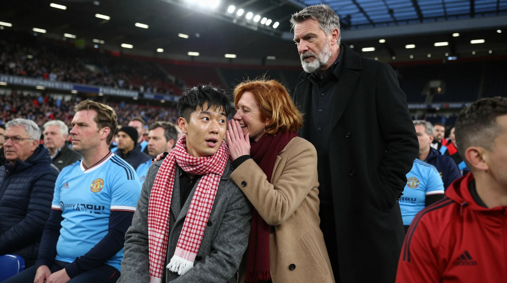 Torcedores à noite em um estádio de futebol cinematográfico em Manchester