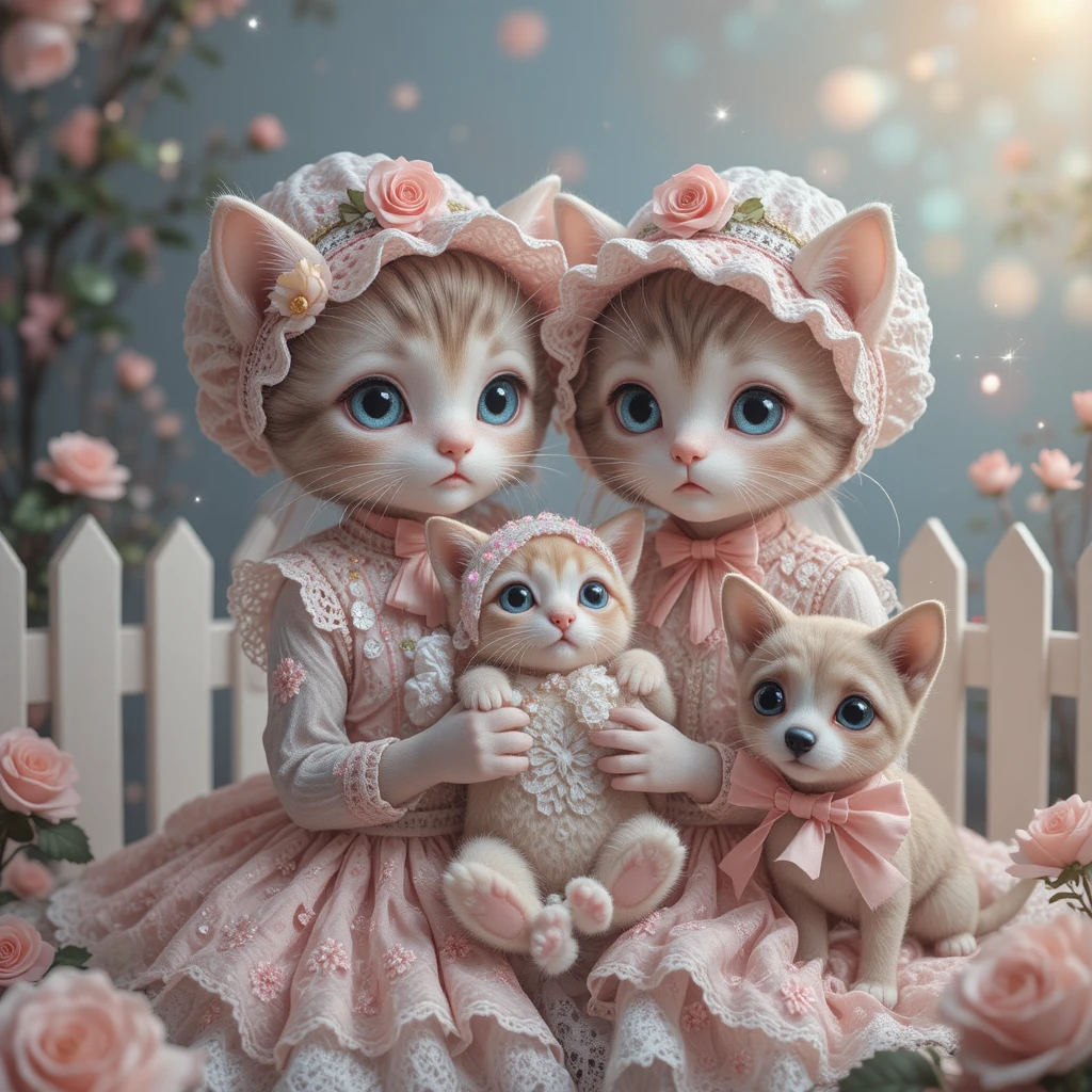 Gatinhos fofos em tons pastéis com vestidos de renda e olhos brilhantes