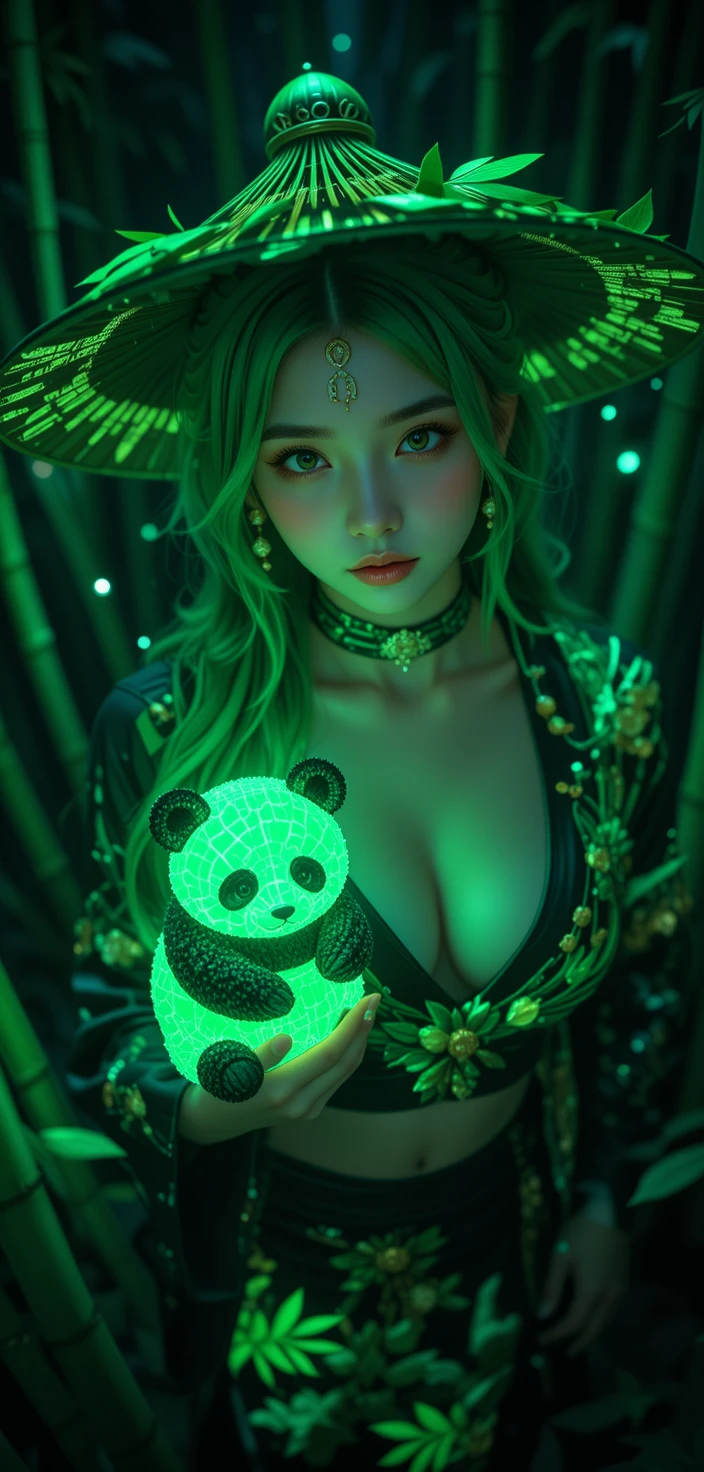 Donna dai capelli verdi in una foresta di bambù luminosa di notte