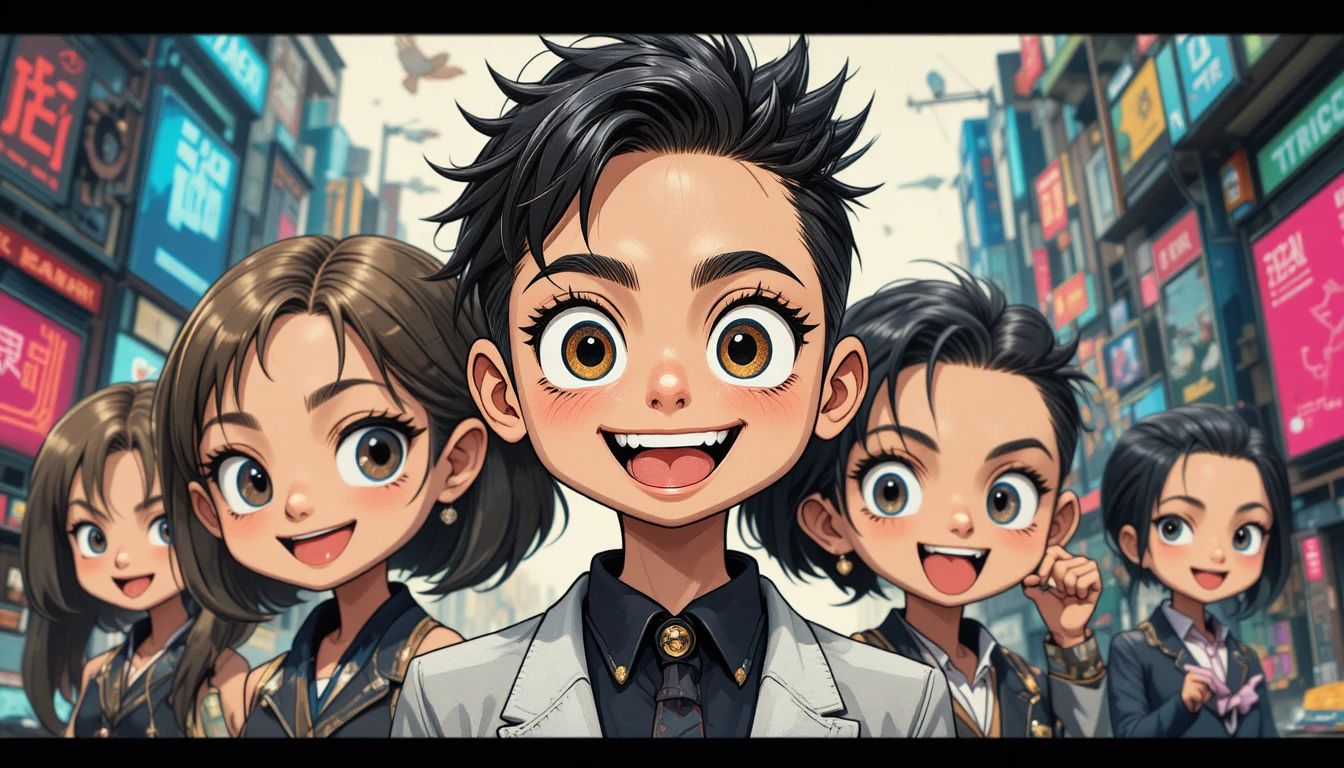 Personagens de desenho animado cyberpunk alegres em estilo geométrico marcante
