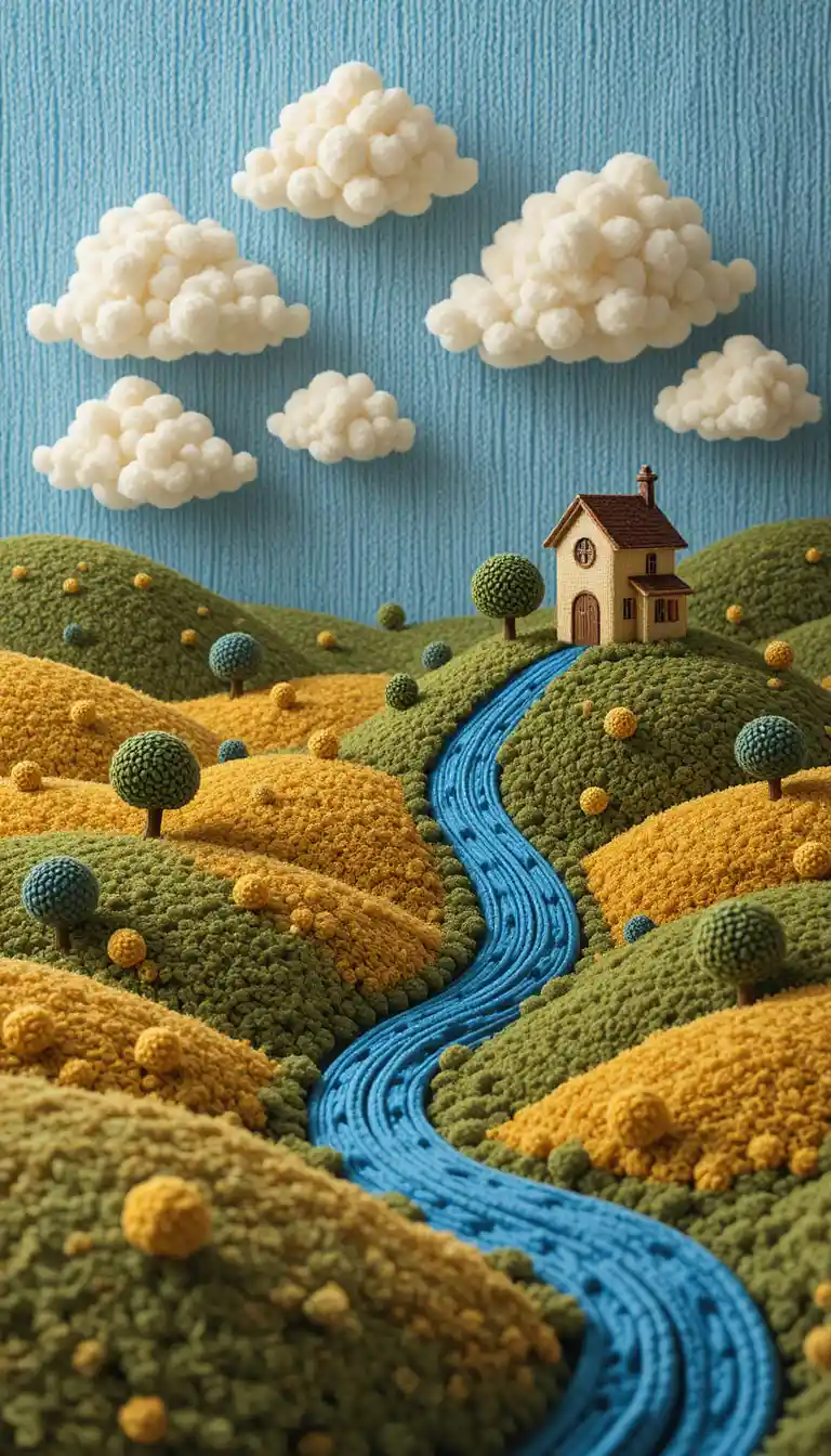 Paysage de campagne douillet en laine avec cottage et rivière