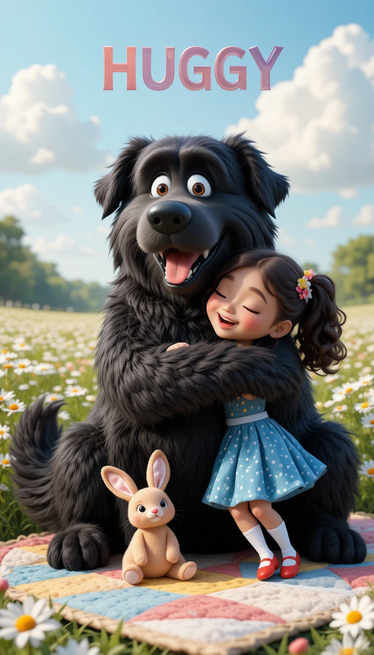 Fillette serrant dans ses bras un énorme chien tout doux dans un pré de marguerites