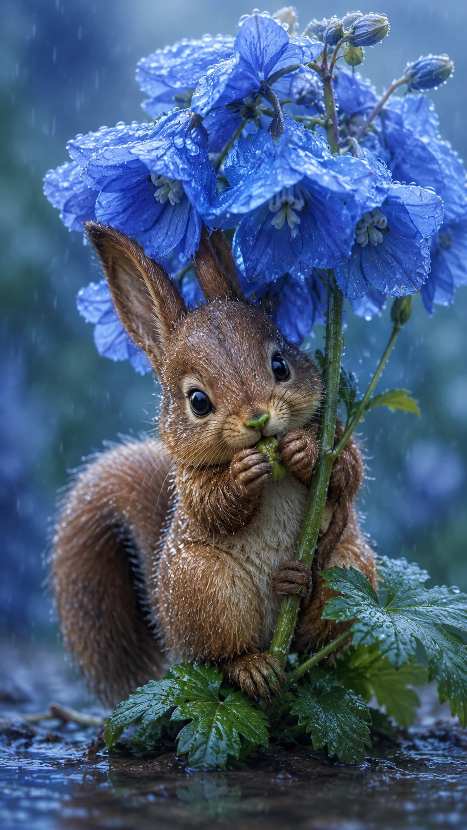Fantasy animal sheltering under bright blue delphinium