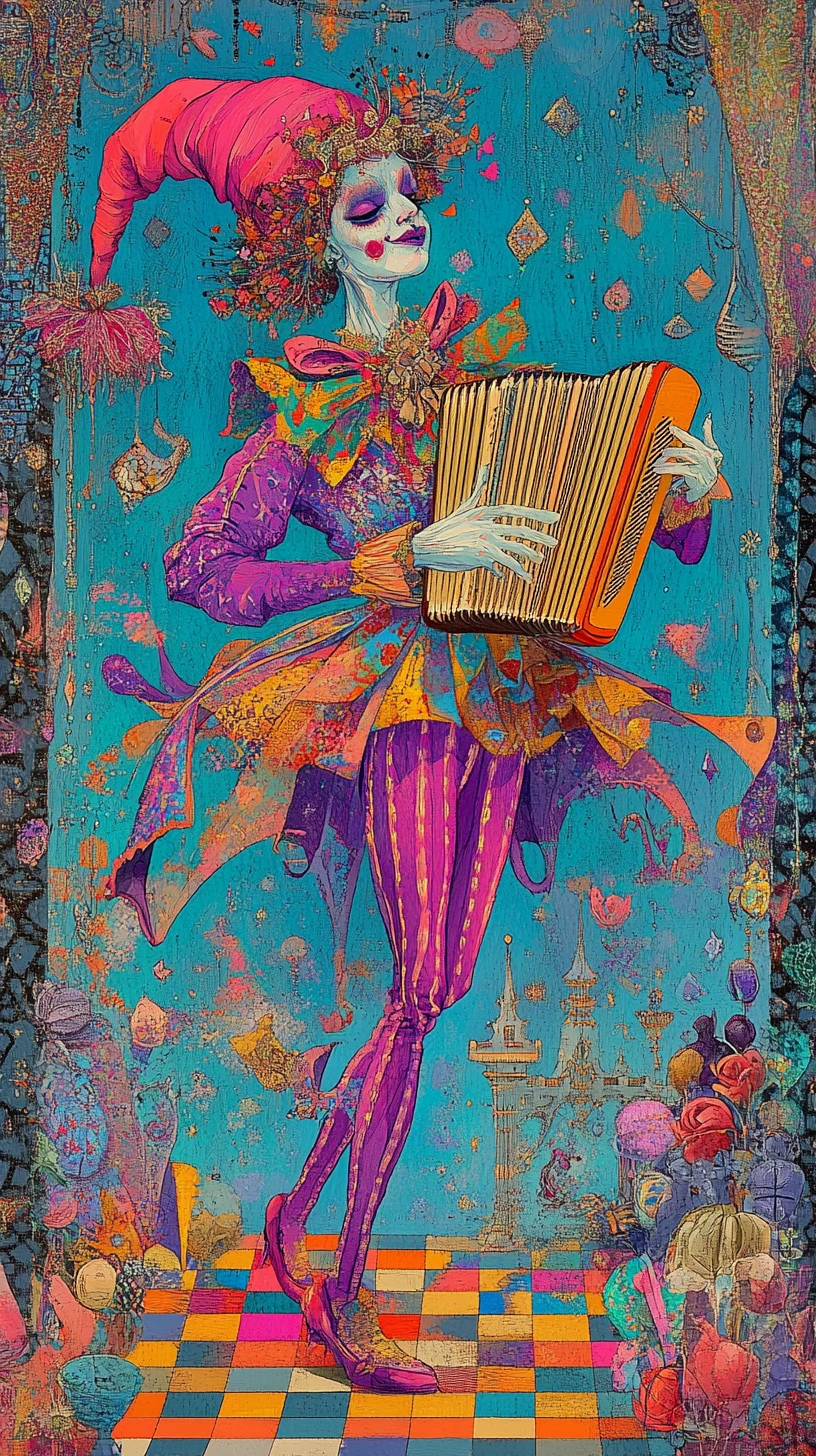 Bouffon fantaisiste jouant de l’accordéon dans une scène de fantasy colorée