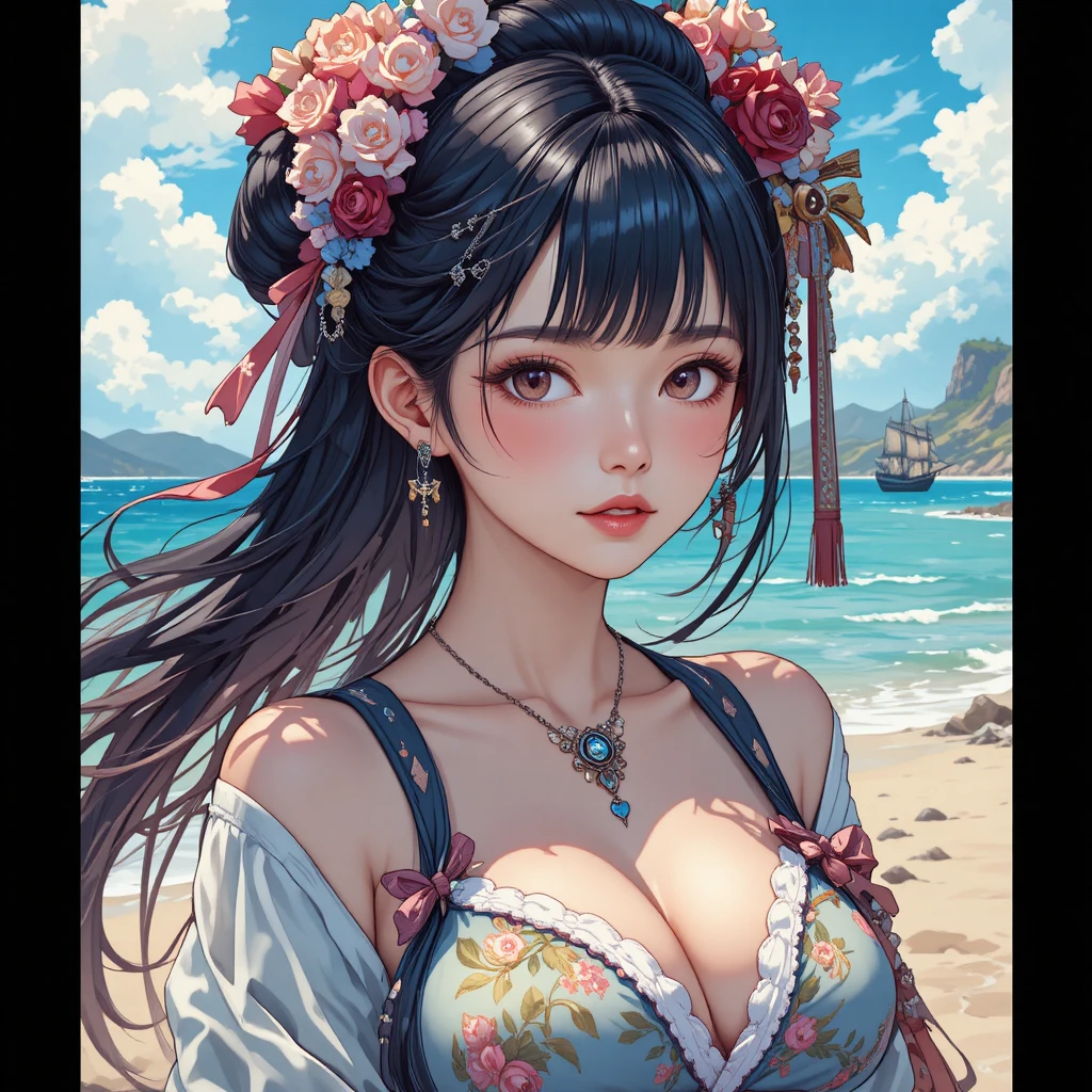 Geisha pirata em pé em uma praia de areia