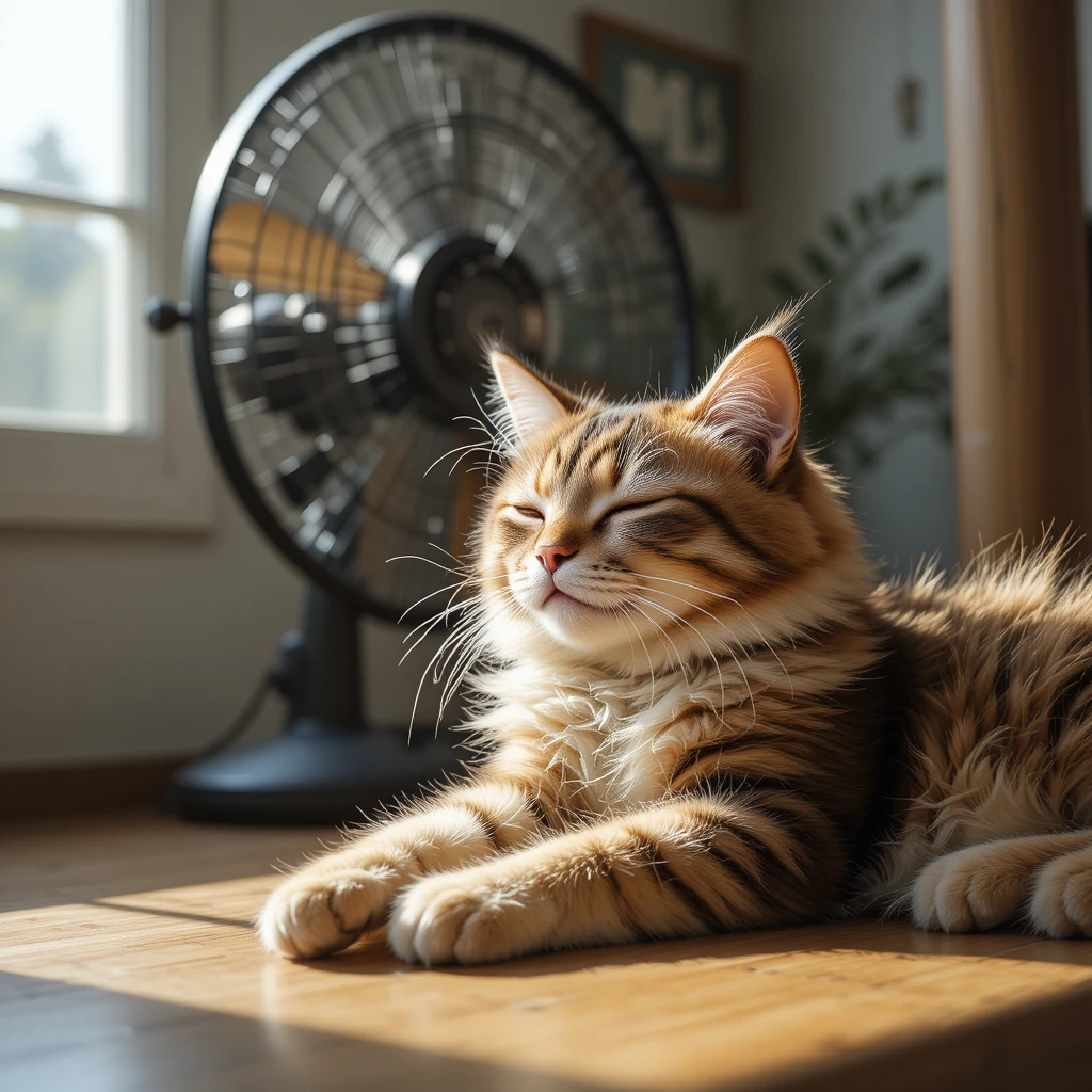 Gato dormindo em um raio de sol quente com o pelo ao vento