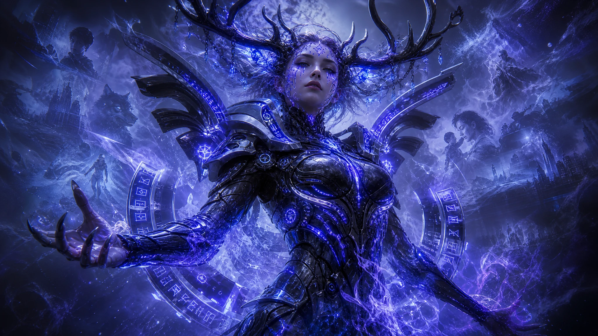 Donna cibernetica con corna che emerge da vortici di energia blu