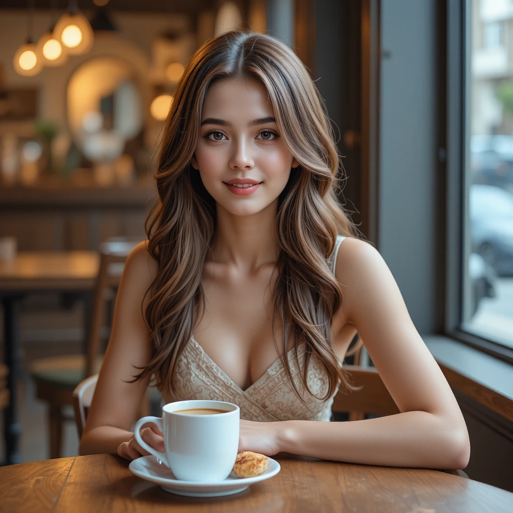 Junge Frau lächelt an einem Cafétisch mit Kaffee