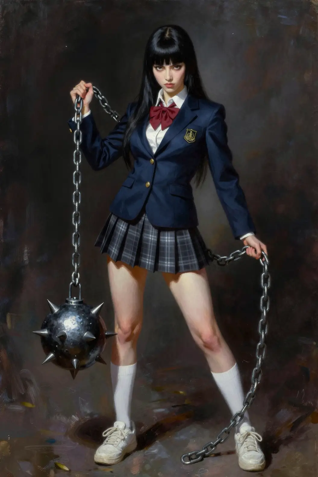 奇幻畫作中的鎖鏈致命女學生刺客