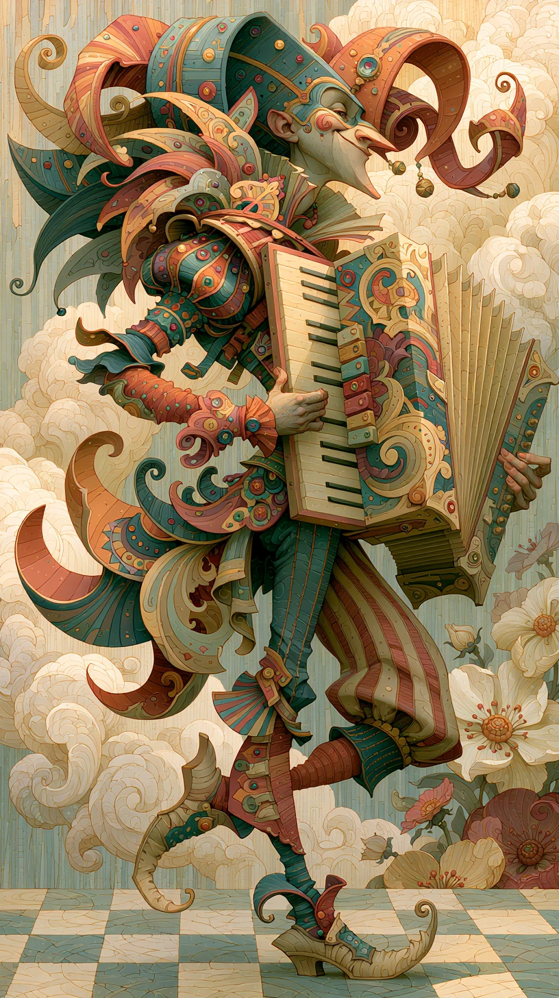 Giullare colorato con fisarmonica in una bizzarra scena fantasy