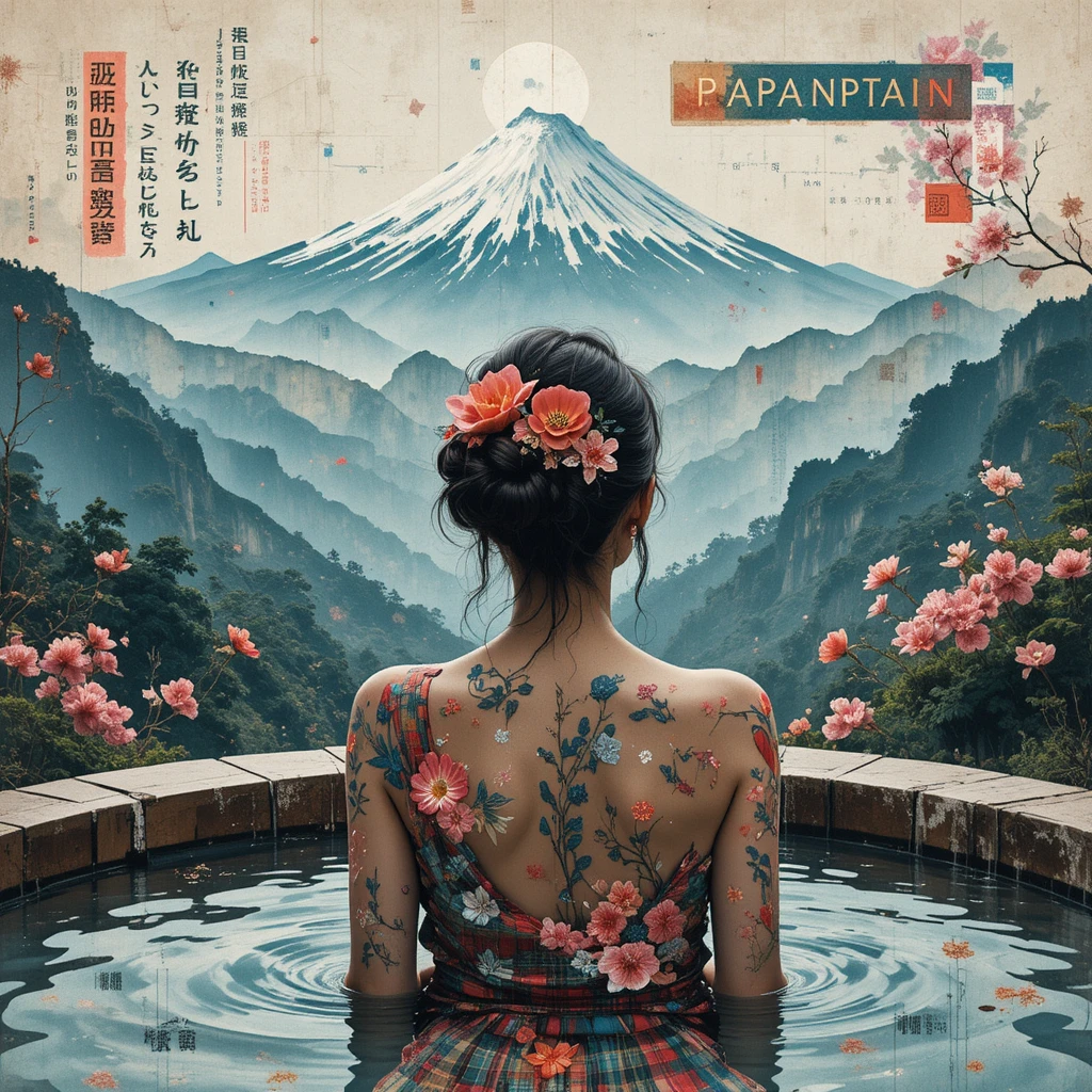 Mulher em uma fonte termal japonesa olhando para as montanhas ao longe