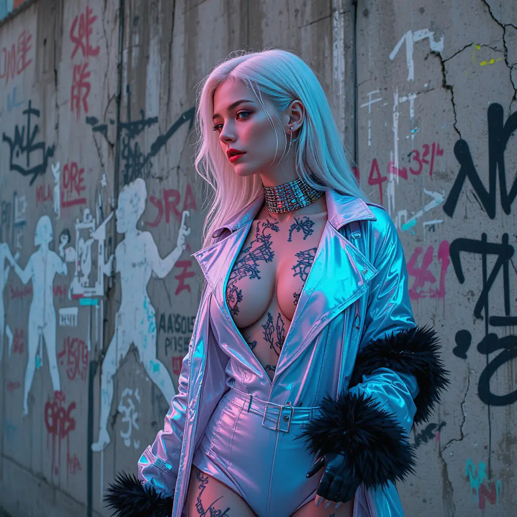 Cyberpunk woman beside dystopian concrete flood barrier
