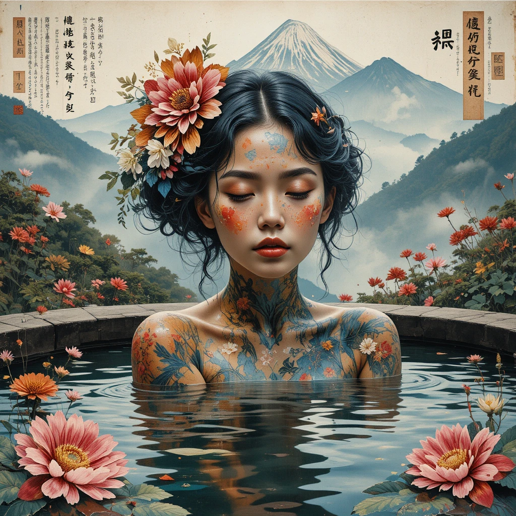 Mulher em uma fonte termal tradicional observando as distantes montanhas japonesas