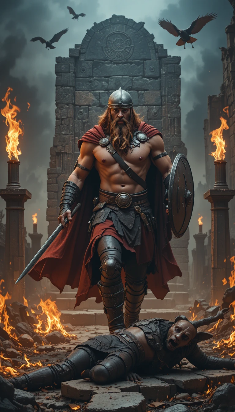 Rei guerreiro viking avançando por chamas furiosas