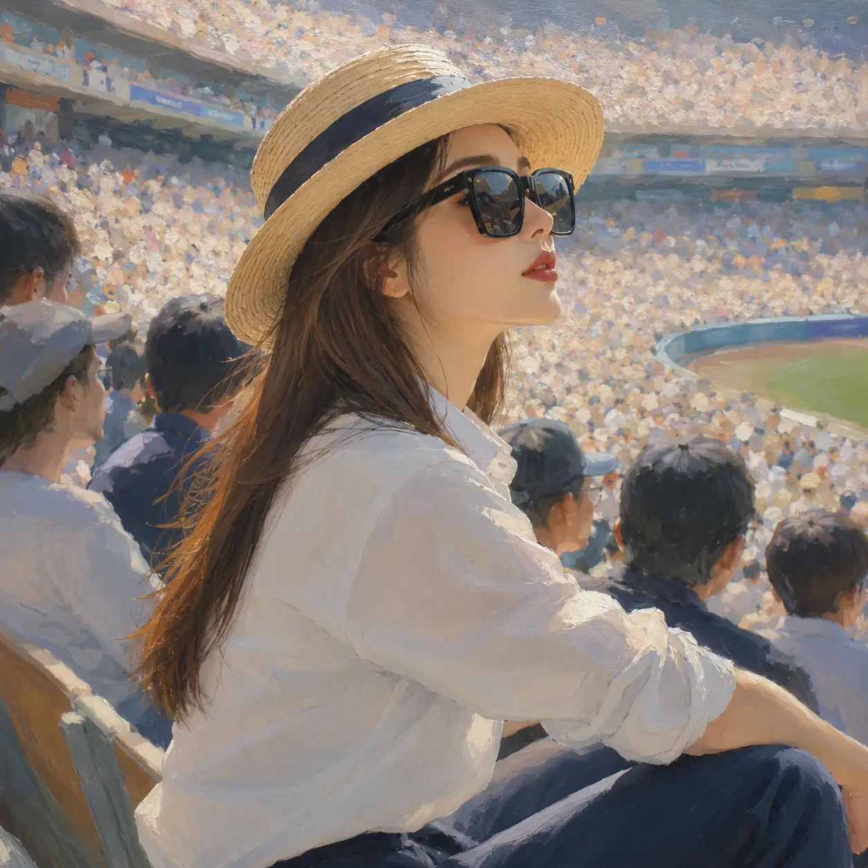 Young woman in hat watching a game in crowded stadium