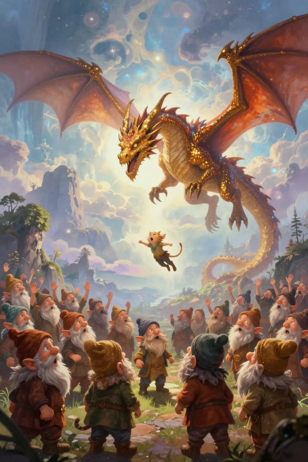 Gnommenmenge starrt nach oben auf den Schatten eines bedrohlichen Drachen