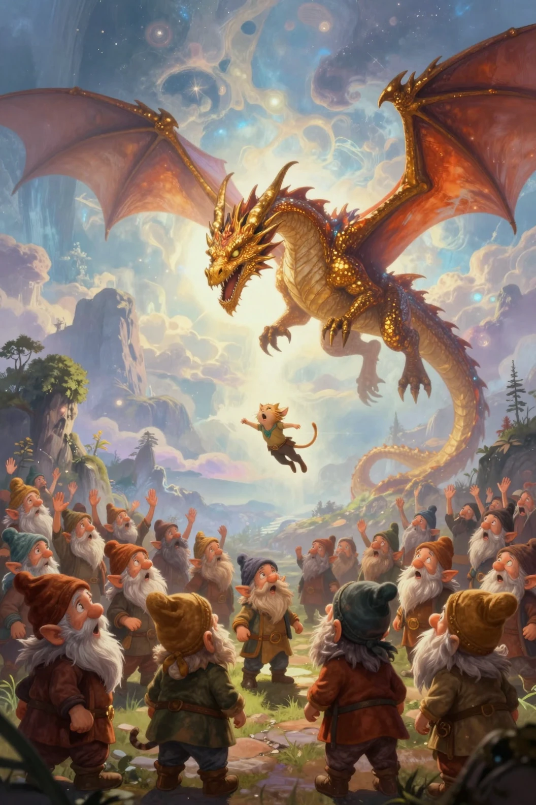 Gnommenmenge starrt nach oben auf den Schatten eines bedrohlichen Drachen