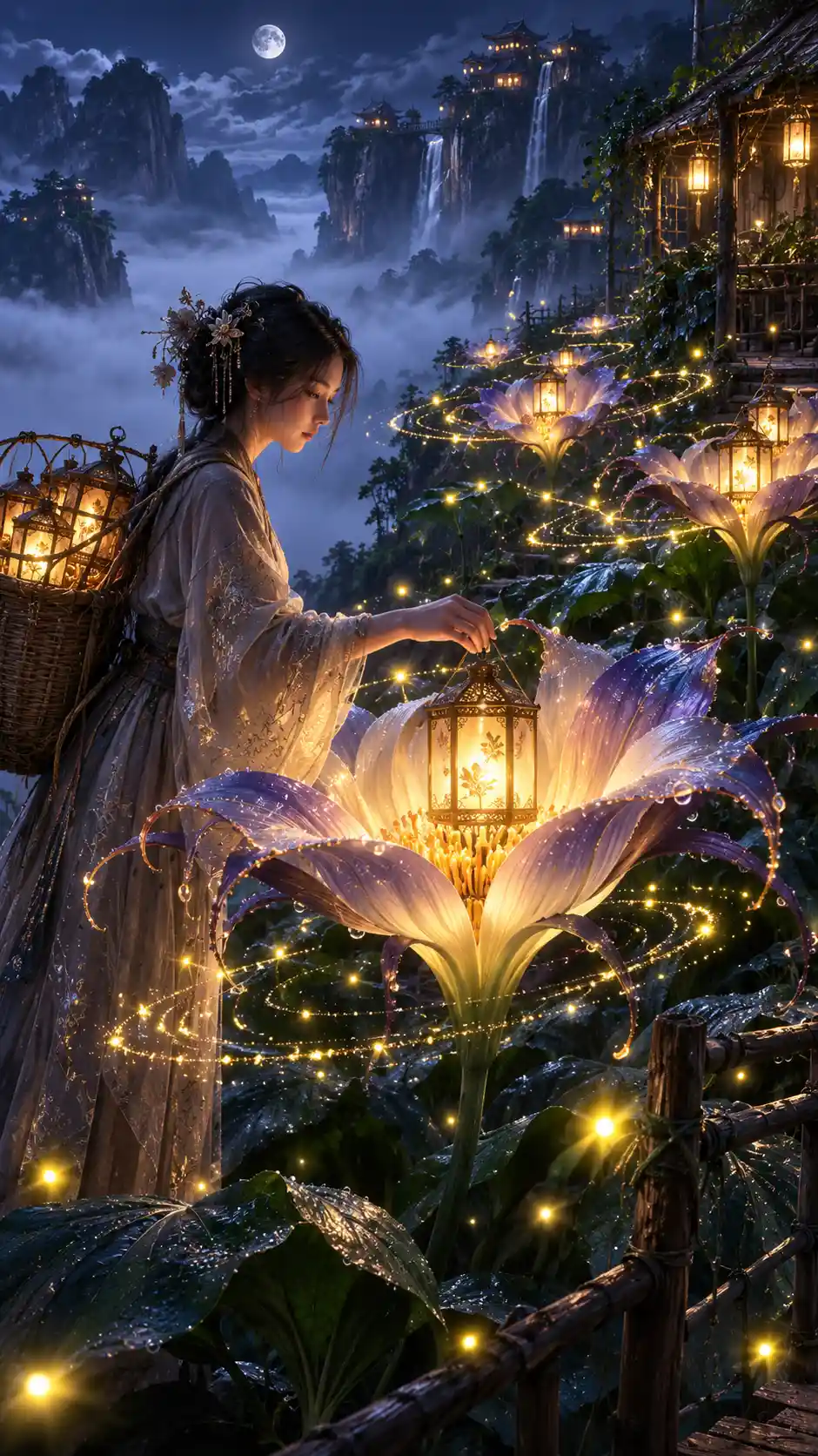 巨大な夜咲きランタンの花を世話する神秘的な庭師