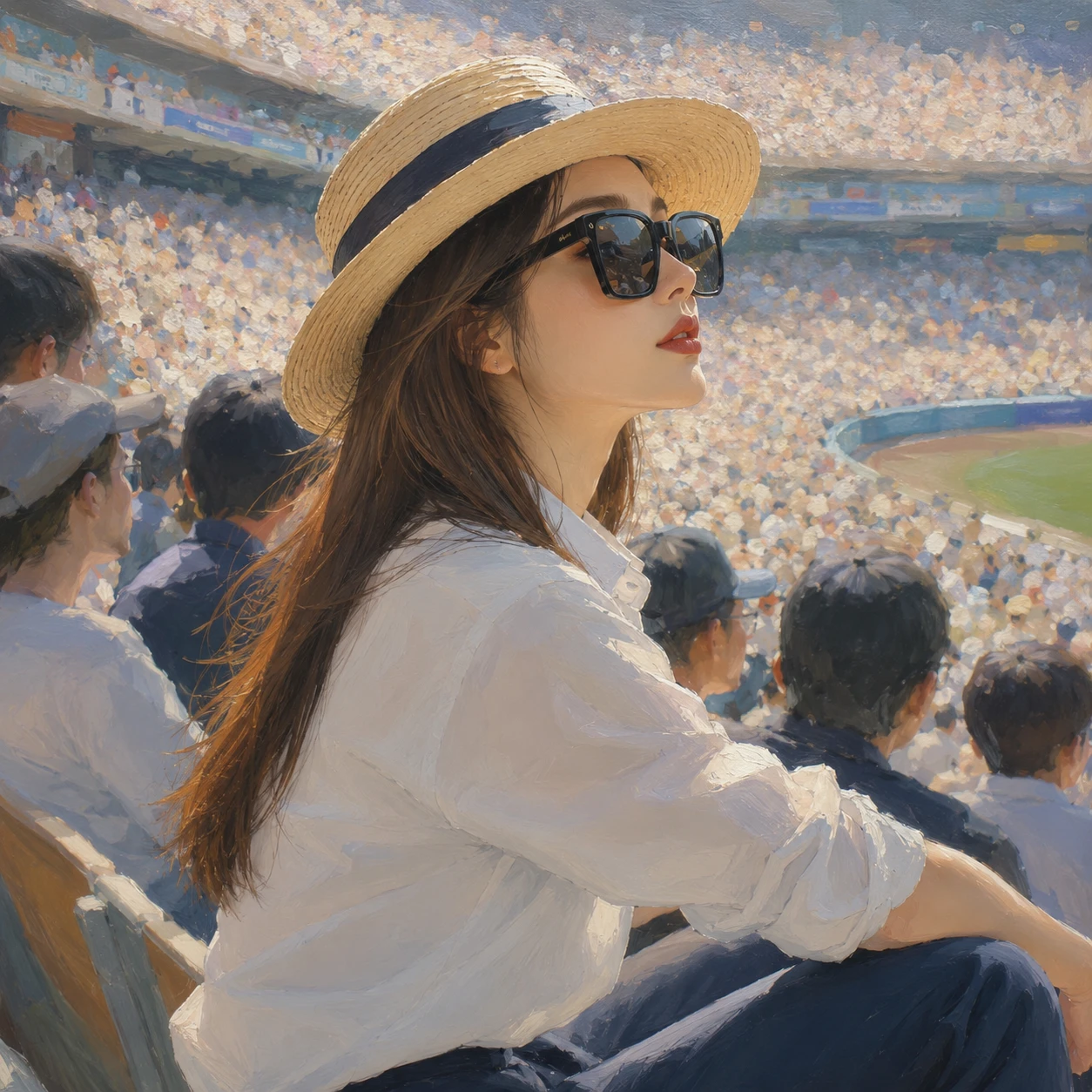 Jovem de chapéu assistindo a um jogo em estádio lotado