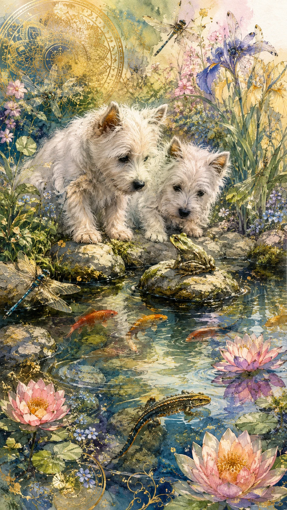 庭の池でカエルを見つめる2匹の白いテリアの子犬