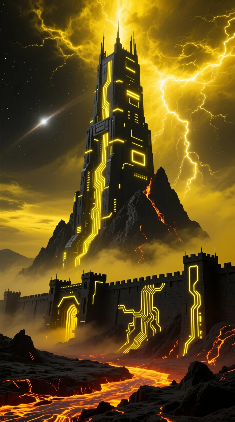 Enorme Torre Futurista Erguendo-se Acima de uma Fortaleza de Lava