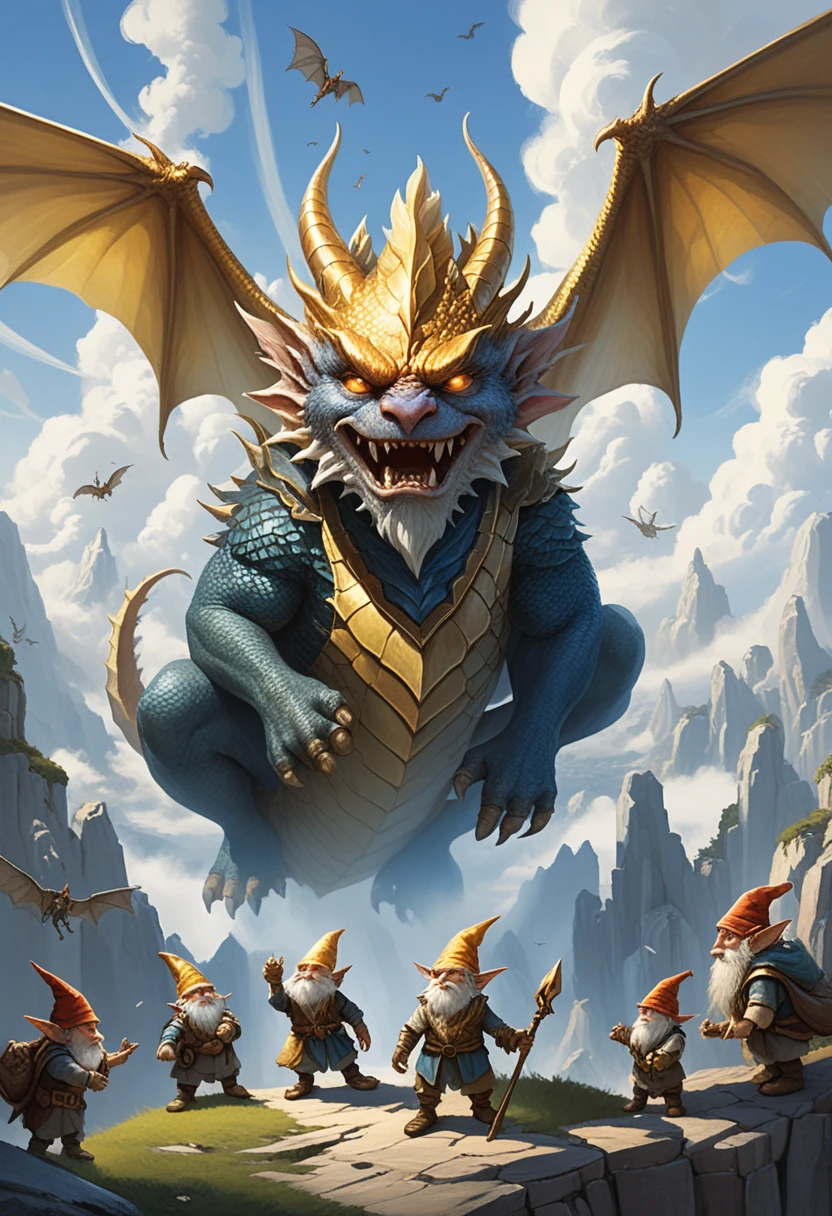 Multidão de gnomos olhando para cima para a ameaça de uma sombra de dragão