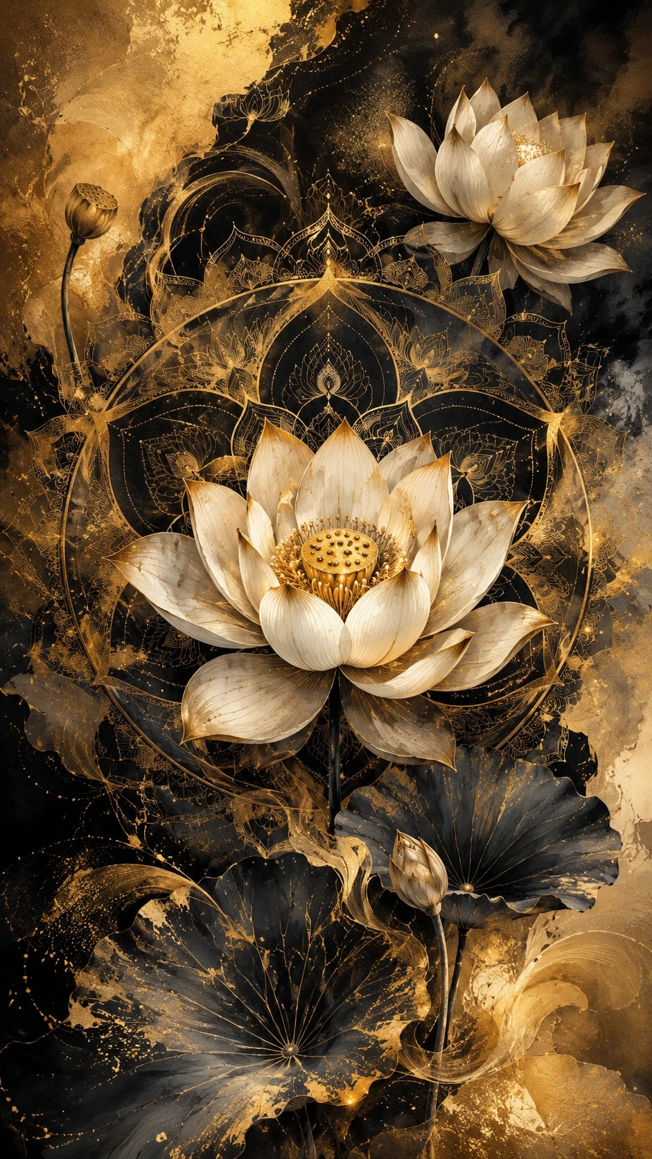 Mandala lotus illustration with golden floral accents