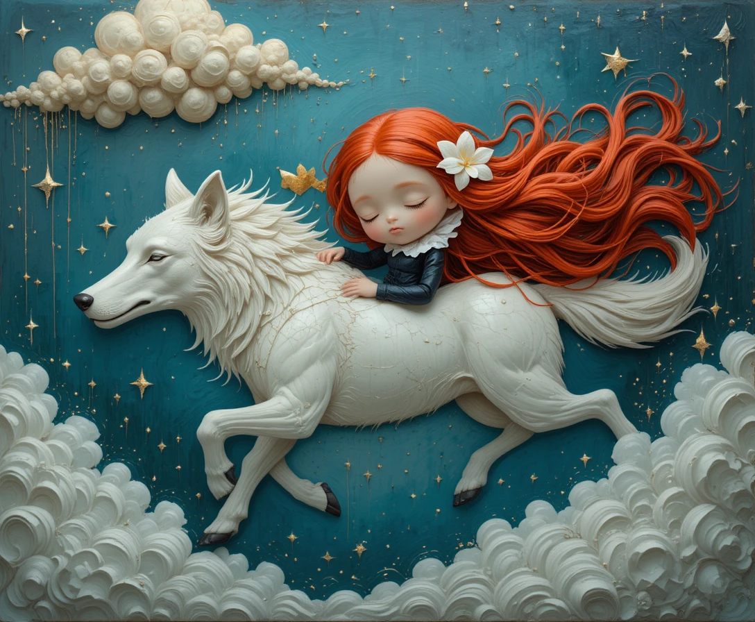 Niña dormida sobre lobo blanco volador en cielo nocturno surrealista
