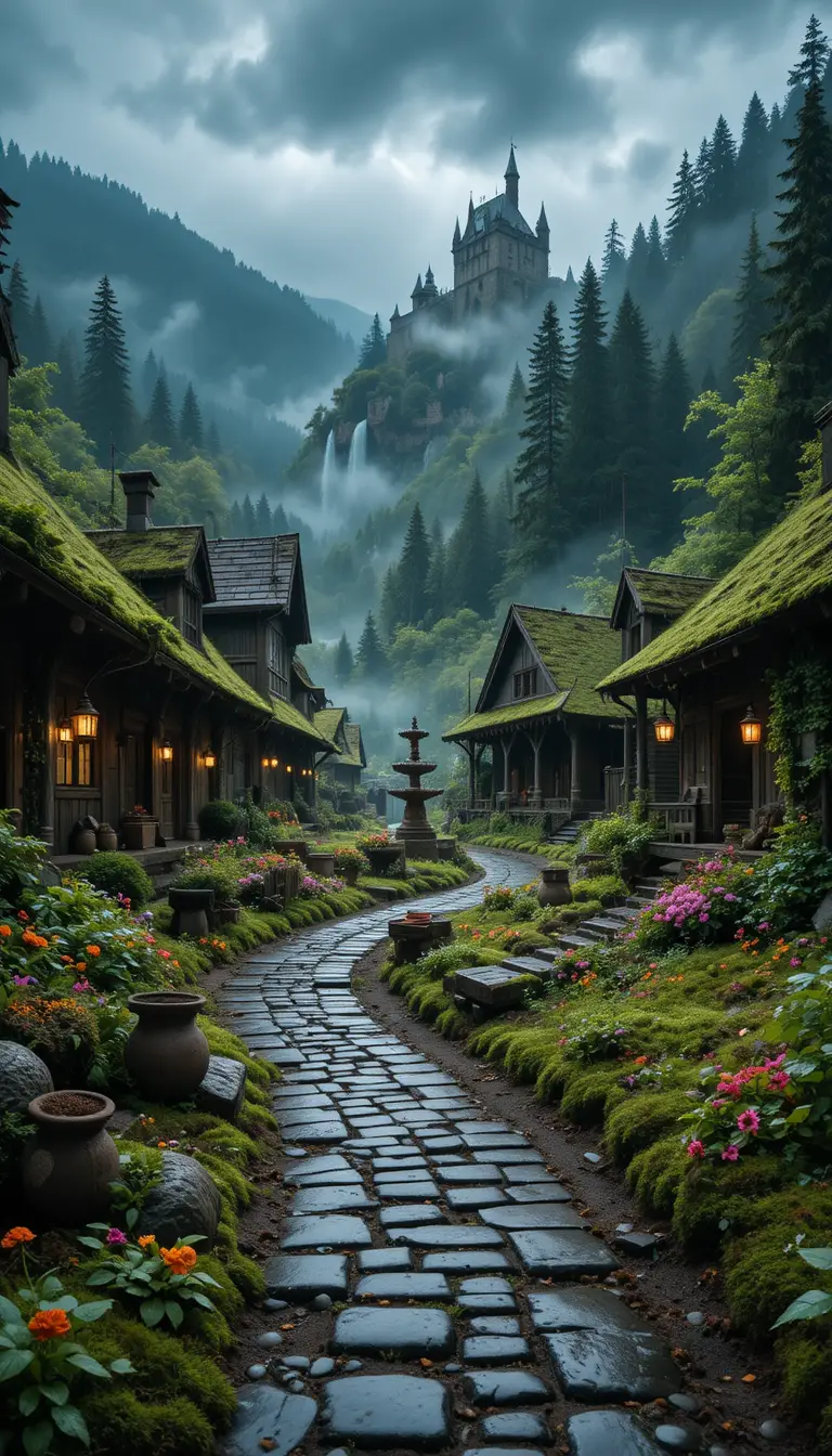 Rain soaked medieval village hidden in a forest valley