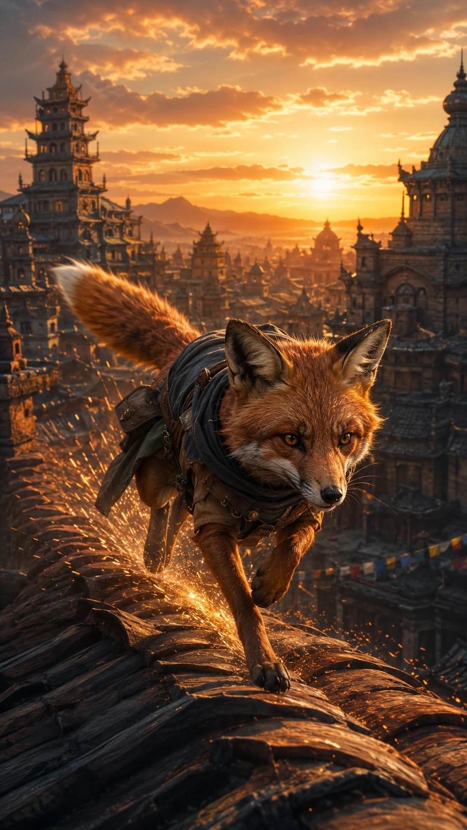 Renard courant sur les toits d’une cité antique au lever du soleil