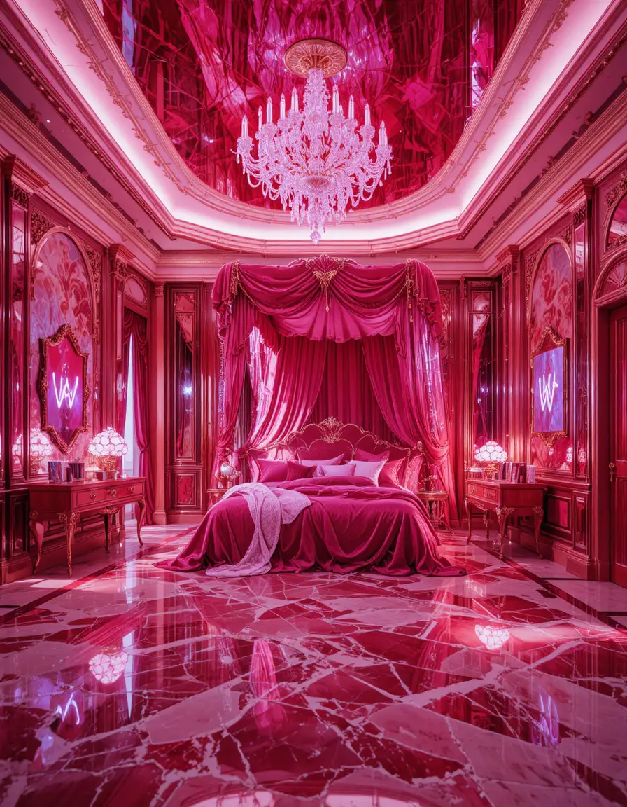 Chambre luxueuse en cristal rubis avec lit à baldaquin et lueur néon