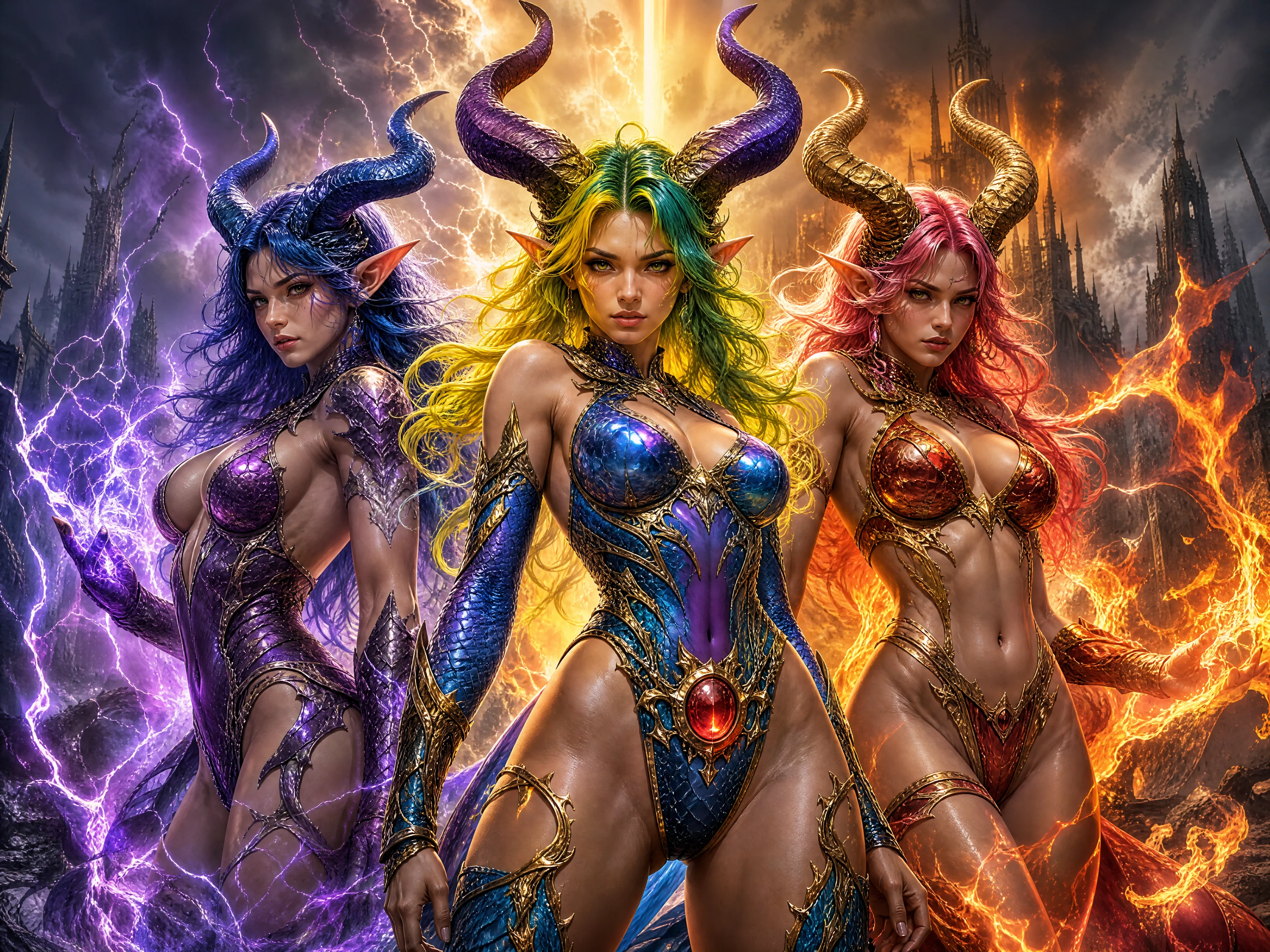 Trio de guerreiras elementais de fantasia em cidade gótica arruinada