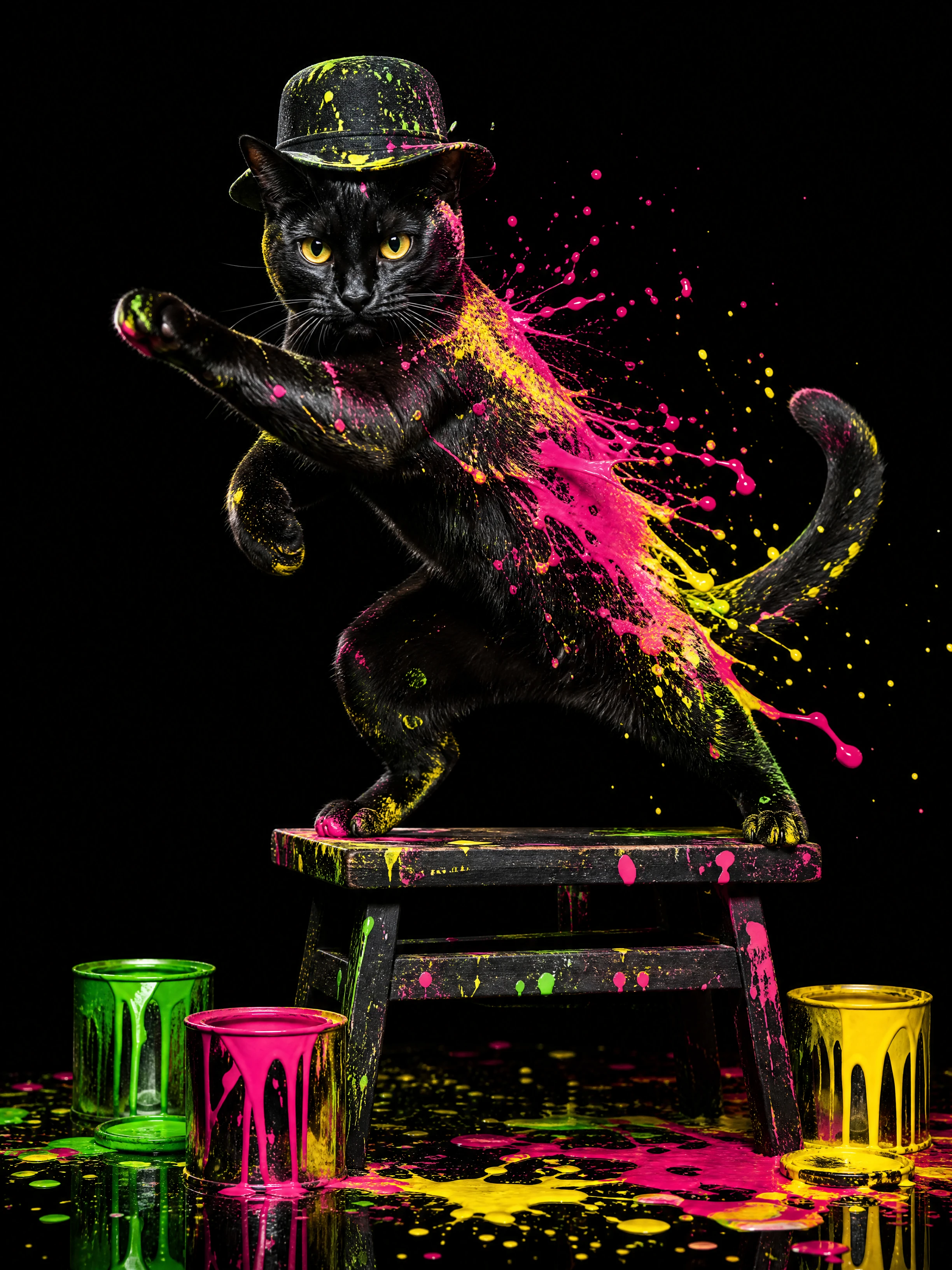 Gato negro en pose de kung-fu salpicado con pintura neón