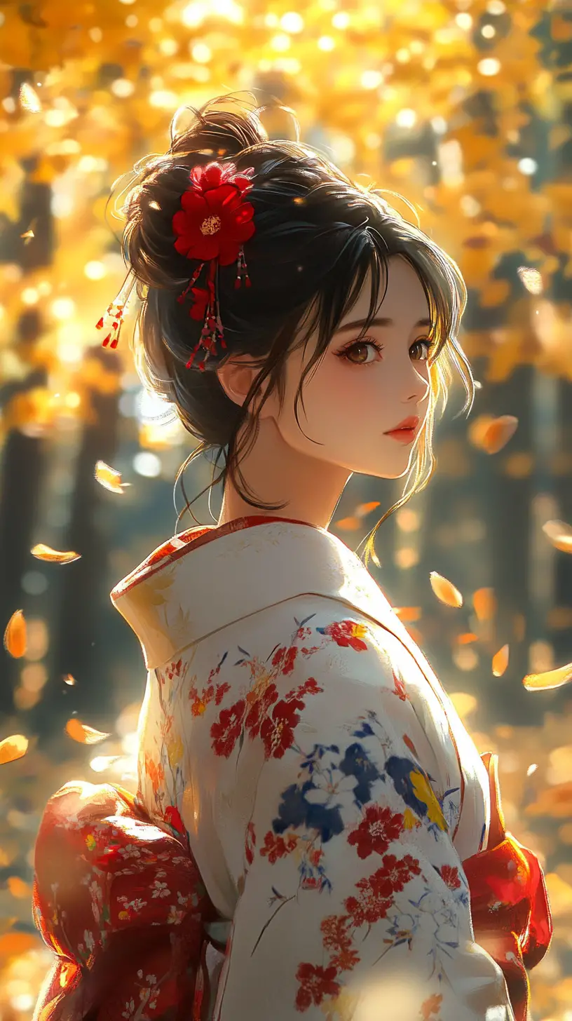 發光秋日森林下的白色和服動漫少女