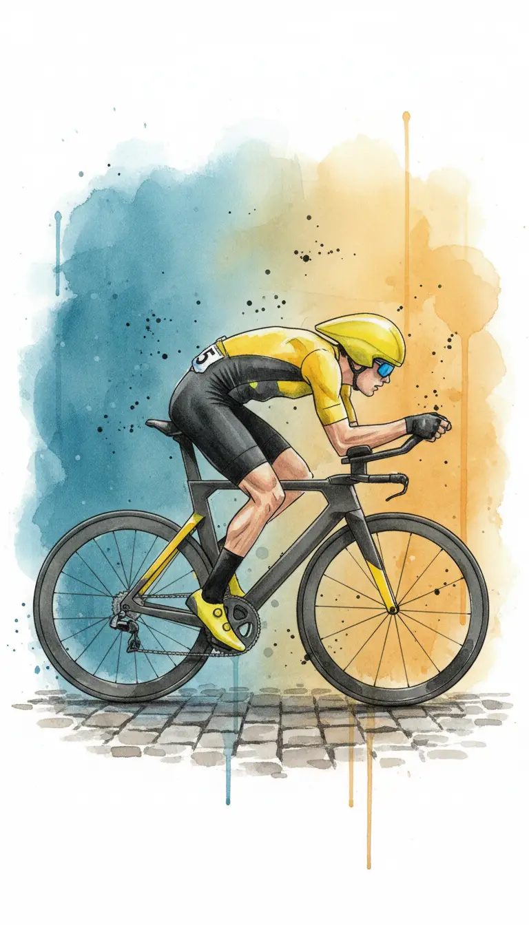 Professional cyclist in yellow kit on black time trial bike