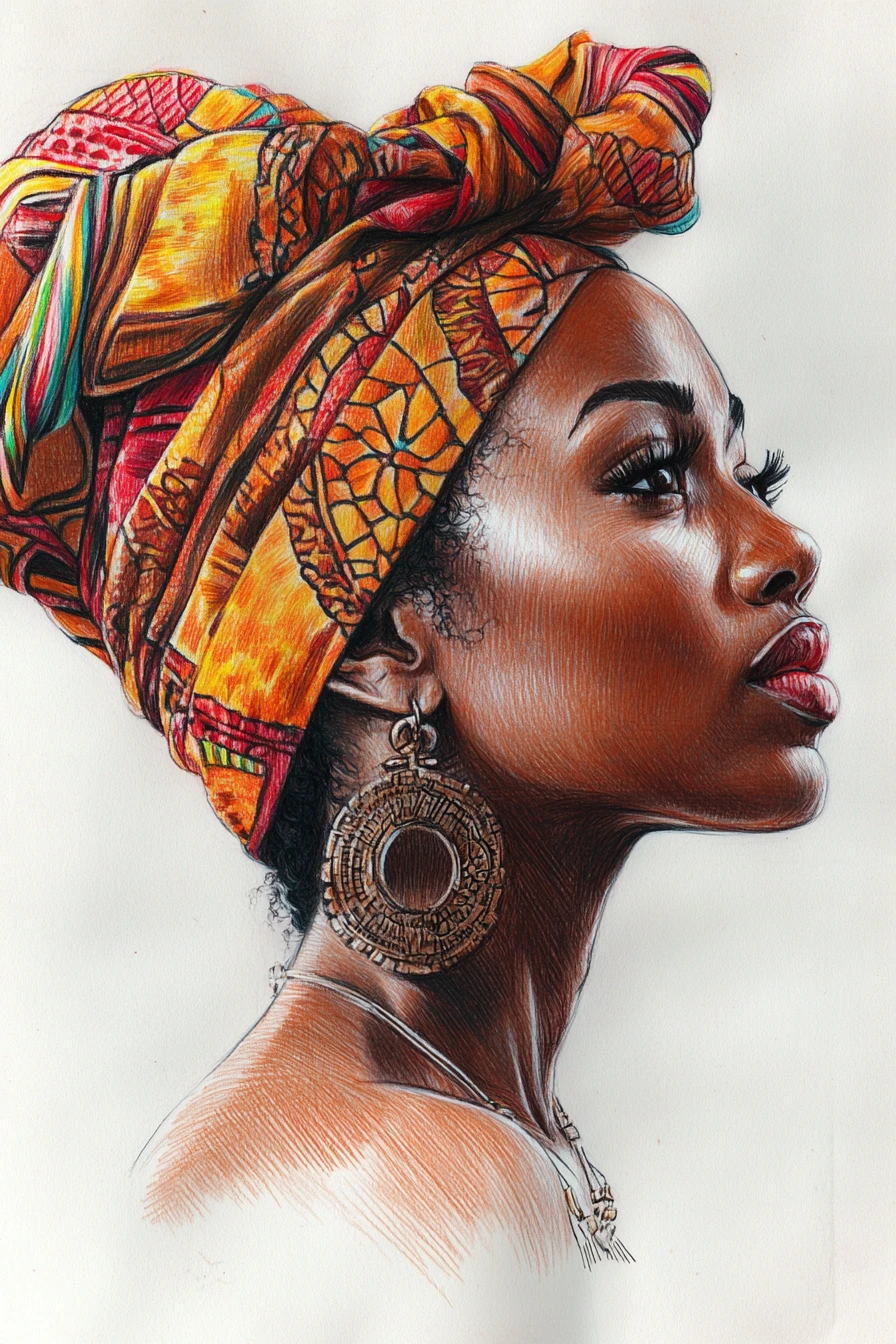 Desenho de perfil de mulher africana serena com turbante
