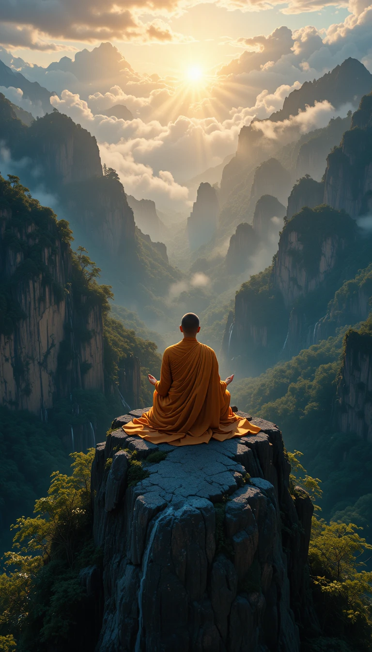 Monge Meditando em Penhasco Acima das Nuvens ao Nascer do Sol