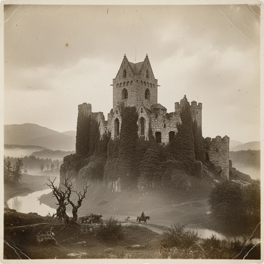 Fotografia vintage de um castelo em uma paisagem sueca enevoada
