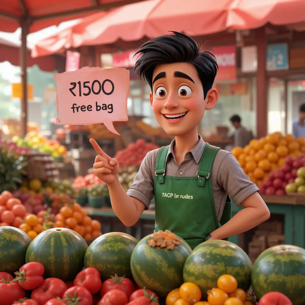 Fröhlicher Obstverkäufer zeigt auf frische Wassermelonen