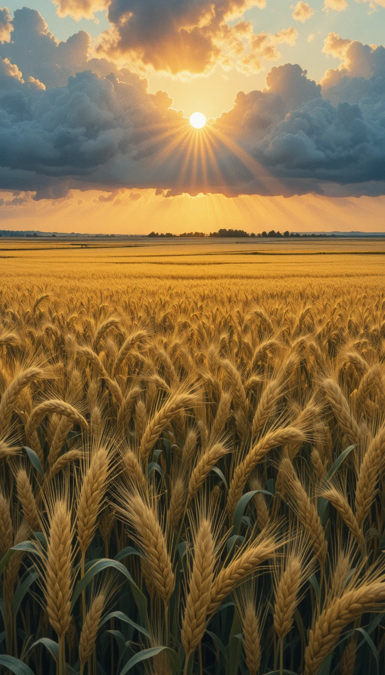 Champ de blé doré au lever du soleil sous un ciel nuageux et dramatique