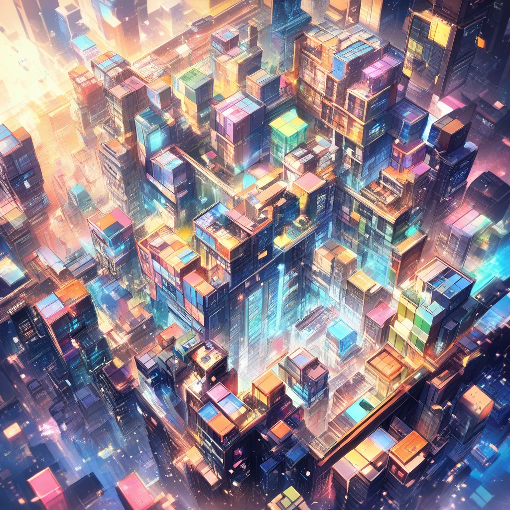 Gamer girl in stile anime che costruisce una casa di blocchi Tetris luminosi