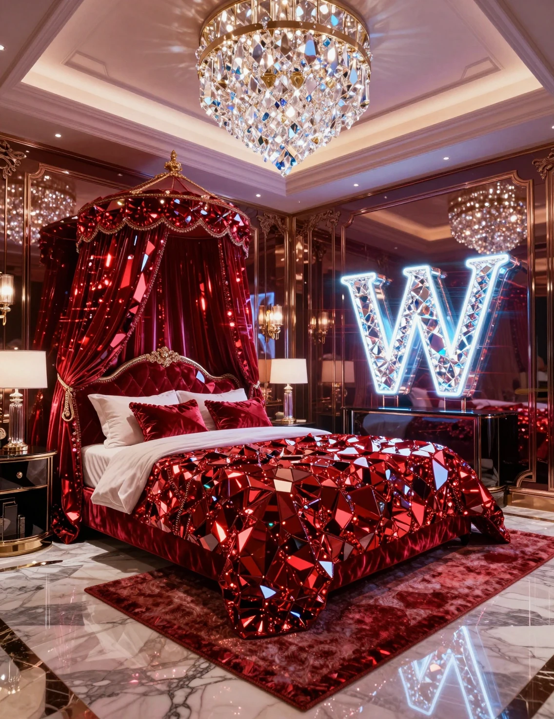Lujoso dormitorio de cristal rubí con suelo de mármol y cama con dosel