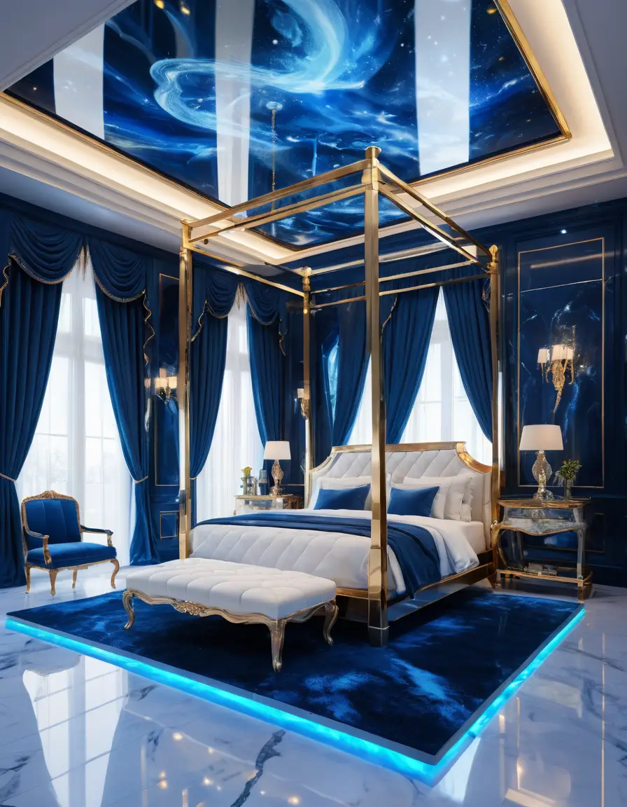 Chambre luxueuse saphir avec plafond en cristal et lit à baldaquin