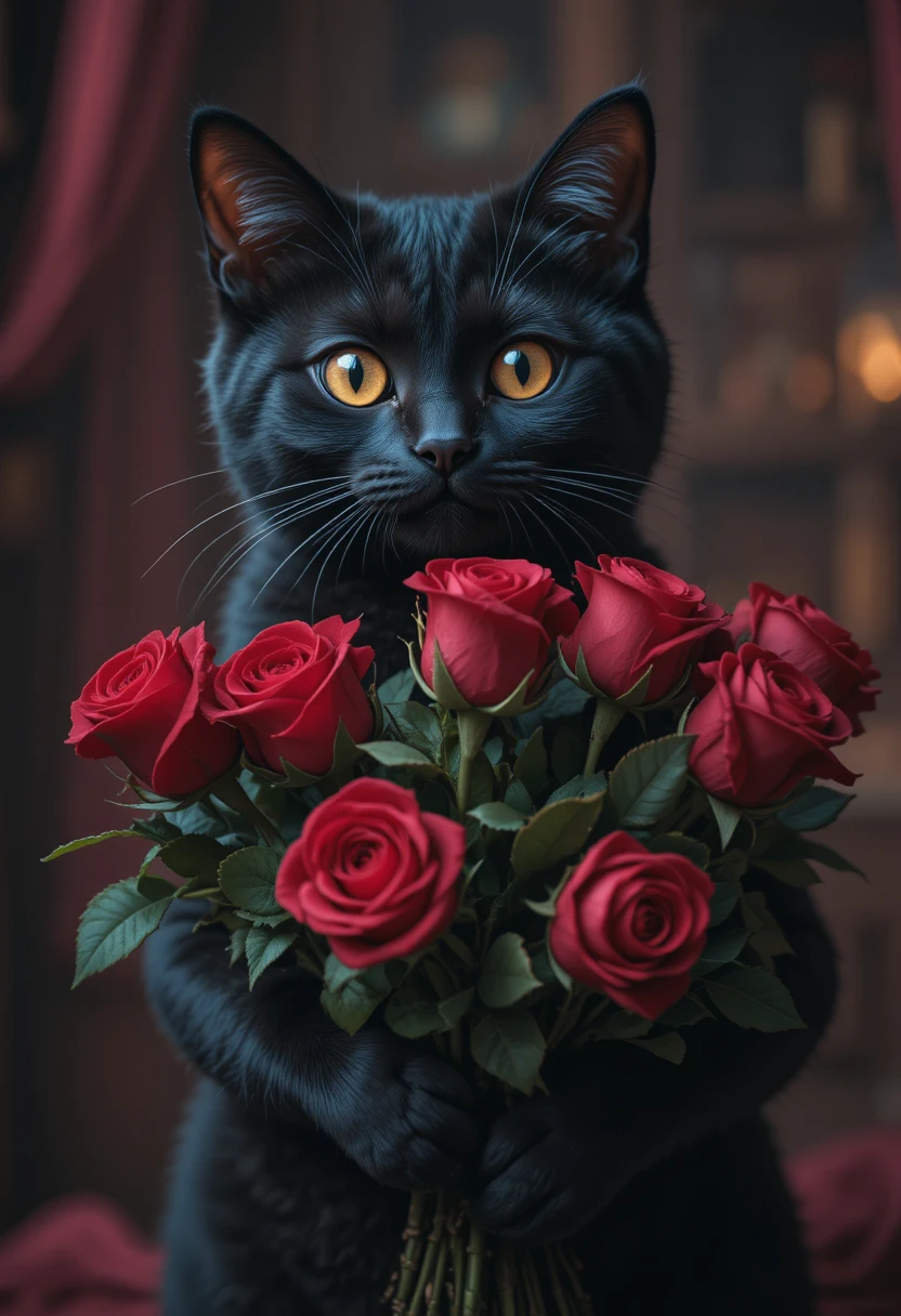 Gato preto segurando rosas vermelhas em luz cinematográfica suave