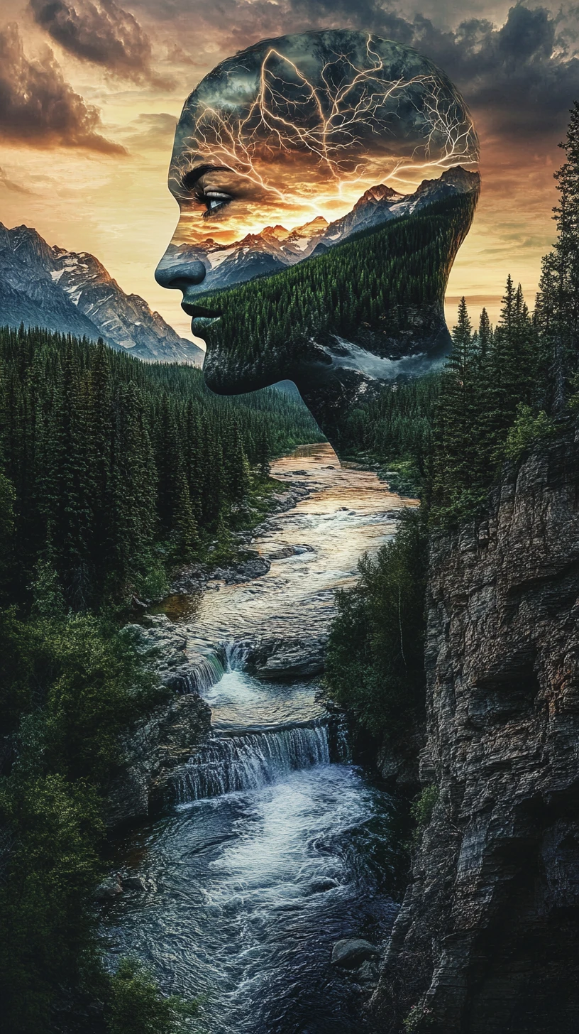 Paysage fluvial aérien formant un portrait humain caché